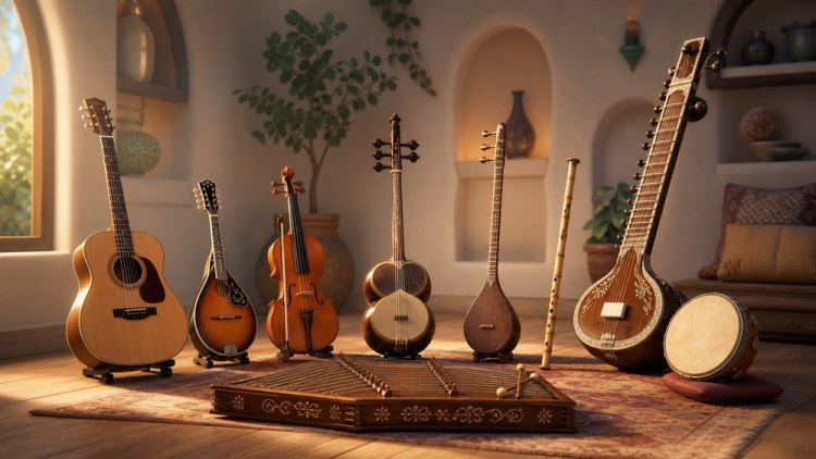 تصویر چند ساز مثل تار و سنتور و سیتار و گیتار